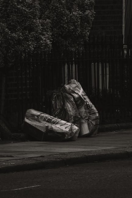 Two large black plastic garbage bags and a cardboard box filled with rubbish are placed on the sidewalk near a wooden fence with vertical slats. The bags appear to contain waste materials and are some