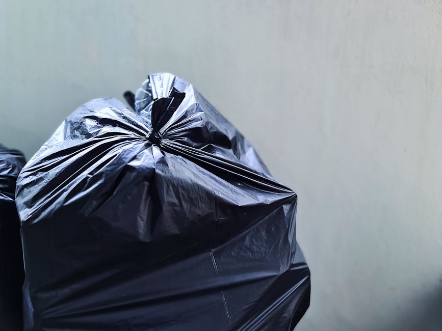 Two large black plastic garbage bags and a cardboard box filled with rubbish are placed on the sidewalk near a wooden fence with vertical slats. The bags appear to contain waste materials and are some